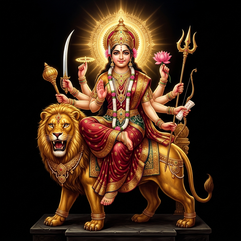 A devotional depiction of Goddess Durga with her traditional attributes, golden halo and lion
