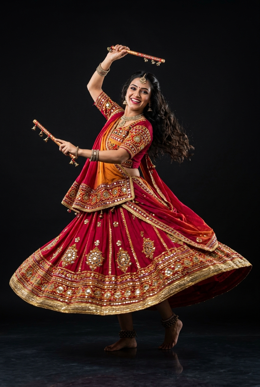 A woman on the right dancing Garba in teal and saffron gold